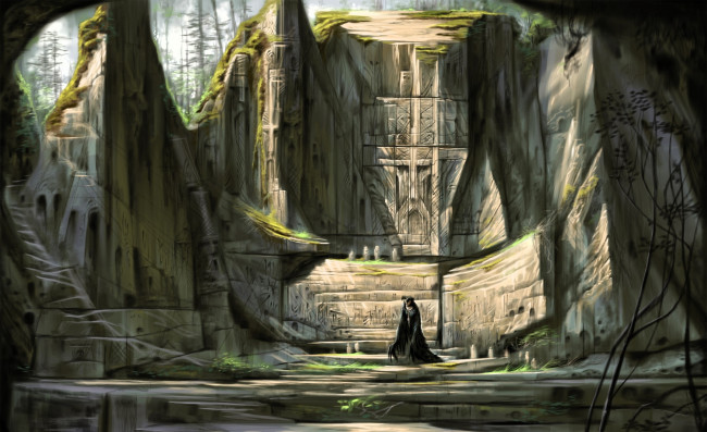 Обои картинки фото видео игры, the elder scrolls v,  skyrim, развалины, знаки, храм, фигура
