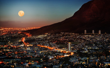обоя города, огни, ночного, горы, ночь, луна, город, кейптаун, юар