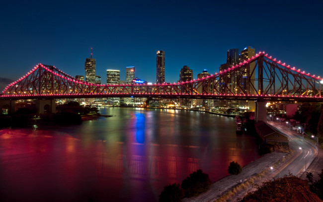 Обои картинки фото города, мосты, река, мост, огни, ночь, story bridge, brisbane, australia