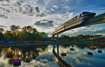 Картинка техника поезда монорельс эстакада река парк поезд