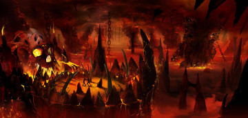 Картинка 3д+графика fantasy+ фантазия черепа арена лава боксеры колонны цепи ад