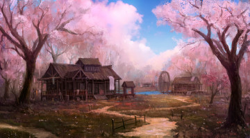 Картинка фэнтези пейзажи мельница дом сакура тропинка деревья