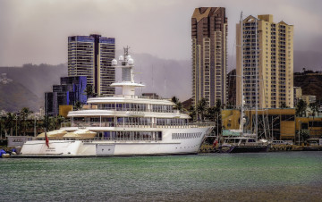 Картинка superyacht+musashi корабли Яхты honolulu musashi гонолулу hawaii гавайи причал яхты здания hdr