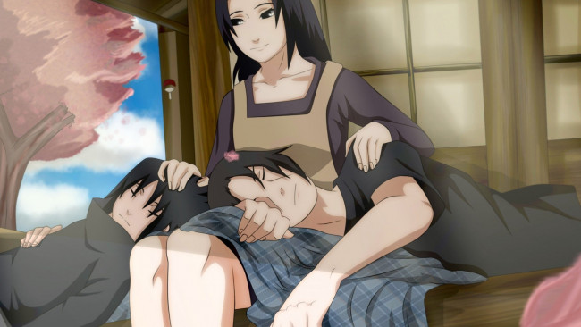 Обои картинки фото аниме, naruto, братья, мама, саске, итачи, спят