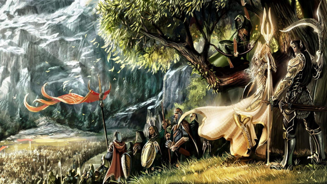 Обои картинки фото фэнтези, эльфы, дерево, рать, армия, лучник, войско