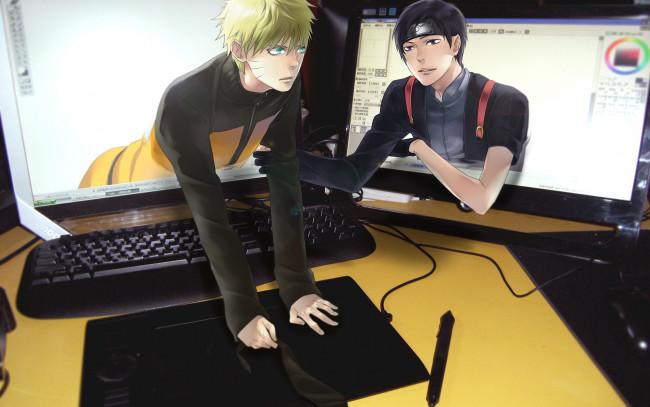 Обои картинки фото аниме, naruto, наруто, сай, клавиатура, 3д, ноутбуки