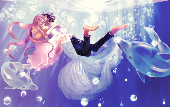 Обои картинки фото аниме, *unknown , другое, парень, девушка, вода, пузырьки, дельфины, обнимаются
