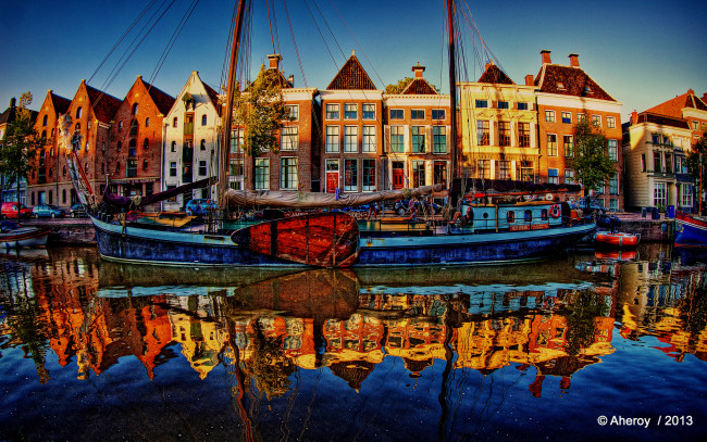 Обои картинки фото groningen,  netherlands, корабли, парусники, река, нидерланды, набережная, гронинген, netherlands, hdr, парусник