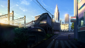 обоя аниме, город,  улицы,  здания, небо, арт, niko-, p, дорога, улица