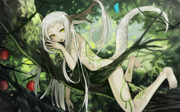 Картинка аниме животные +существа девочка harano арт белые волосы ветка бабочка тату узор чешуя хвост яблоки рога дерево