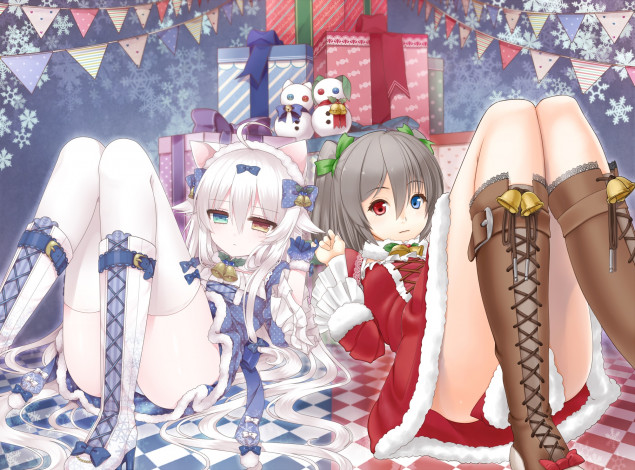 Обои картинки фото аниме, зима,  новый год,  рождество, праздник, подарки, новый, год, tsukikage, nemu, арт, девушки