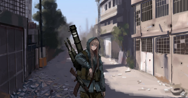 Обои картинки фото аниме, оружие,  техника,  технологии, jittsu, город, девушка, арт