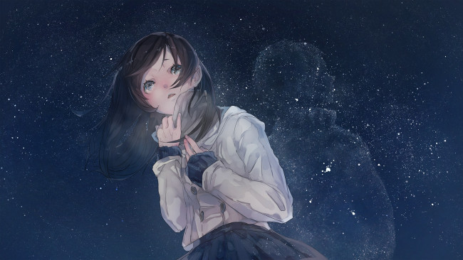 Обои картинки фото аниме, unknown,  другое, девушка, силуэт, арт, звёздное, небо, mizutame, tori