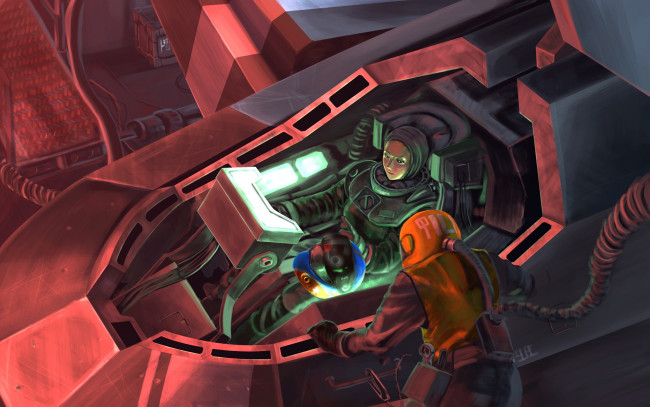 Обои картинки фото аниме, оружие,  техника,  технологии, арт, abazu-red, корабль, шлем, космонавты, девушка