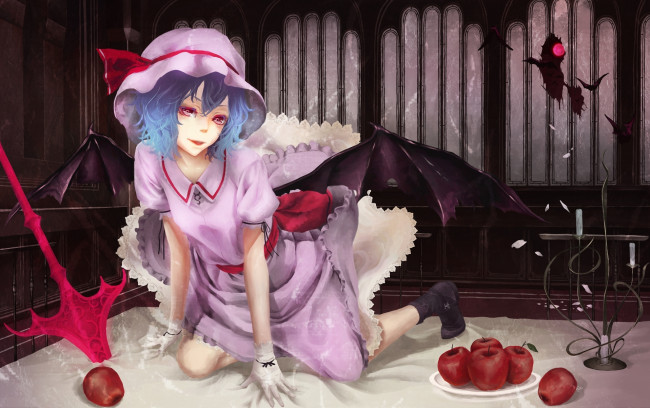 Обои картинки фото аниме, touhou, remilia, scarlet, оружие, демон, крылья, akaikitsune, яблоки, девушка, арт