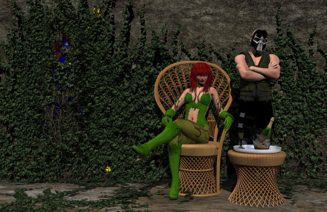 Обои картинки фото amazon arrow, 3д графика, фантазия , fantasy, девушка, взгляд, фон, рыжая, кресло, столик, шампанское, зелень, мужчина