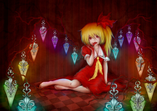 Обои картинки фото аниме, touhou, кровь, кристаллы, девушка, flandre, scarlet