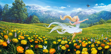 Картинка рисованное люди горы поле скалы цветы девушка настроение деревья птичка небо облака