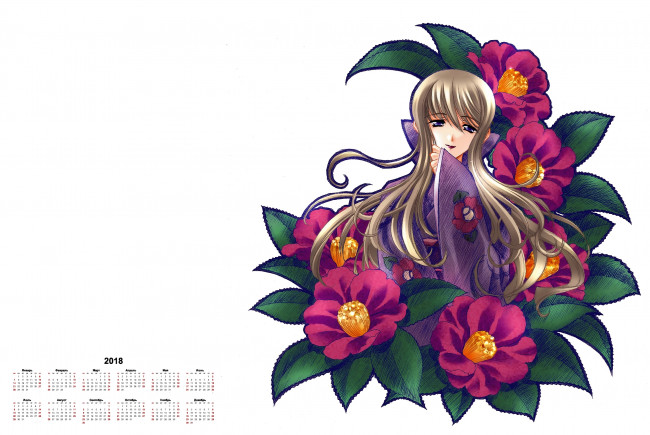 Обои картинки фото календари, аниме, 2018, девушка, лицо, взгляд, цветы
