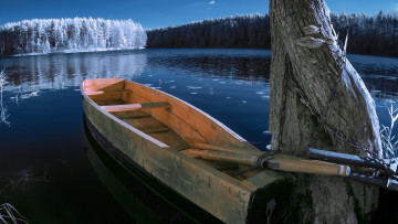 Картинка корабли лодки +шлюпки озеро дерево лодка весла цепь
