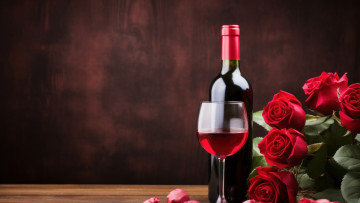 Картинка 3д+графика другое+ other цветы вино бокал бутылка розы букет ии-арт нейросеть