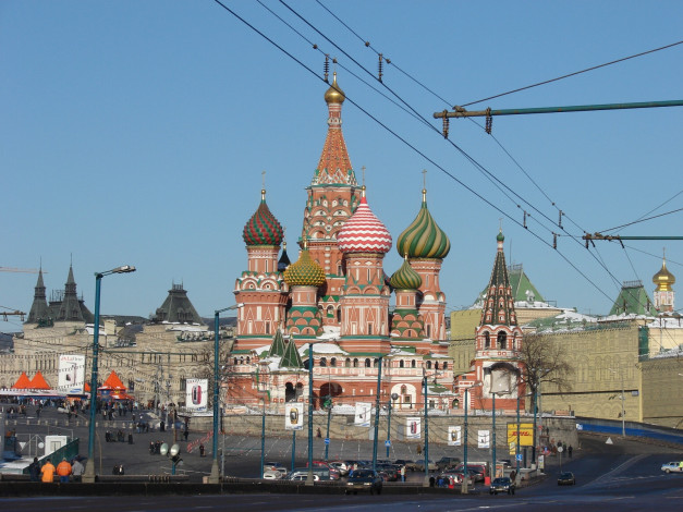 Обои картинки фото вид, на, храм, василия, блаженного, моста, города, москва, россия