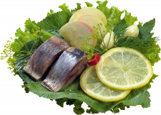 Картинка еда рыбные блюда морепродуктами селедка чеснок лимон яблоко зелень