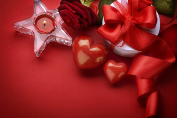 обоя праздничные, день, св, валентина, сердечки, любовь, свеча, роза, бант, красный, фон, предметы
