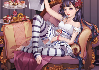 Картинка аниме angels demons девочка подушка пирожные кресло рога демон сладости