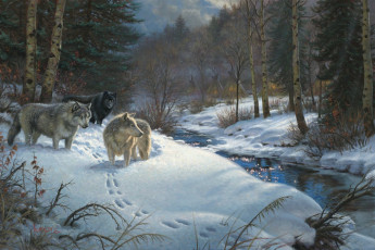 Картинка valley of shadows рисованные mark keathley зима лес ручей волки юрты