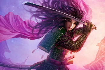 Картинка mario wibisono фэнтези девушки катана броня девушка азия волосы плащ ветер меч utaku ji-yun legend of the five rings