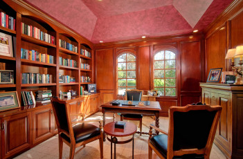 Картинка интерьер кабинет библиотека офис стулья шкафы стол книги