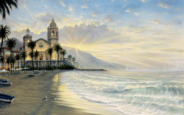 Картинка costa azul рисованные robert finale морской пейзаж испания море пальмы