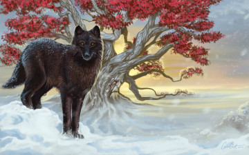 обоя рисованные, животные, волки, ветки, холод, снег, дерево, зима, зеленые, глаза, листья, взгляд