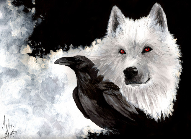 Обои картинки фото рисованные, животные, белый, волк, ghost, клюв, ворон, взгляд, snow
