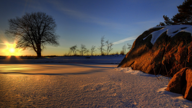 Обои картинки фото природа, зима, поле, снег, деревья, скалы