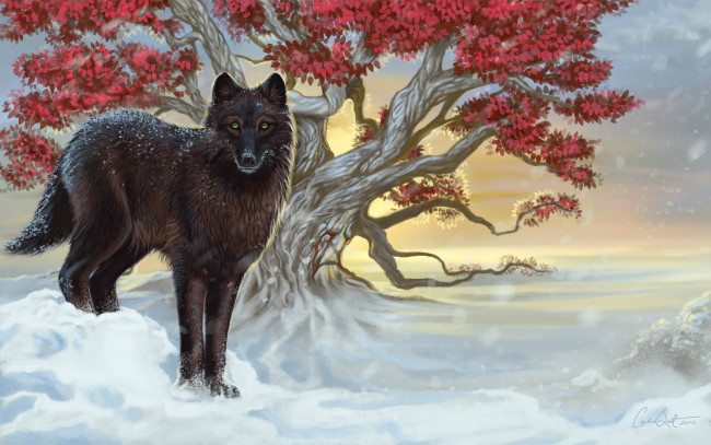 Обои картинки фото рисованные, животные, волки, ветки, холод, снег, дерево, зима, зеленые, глаза, листья, взгляд