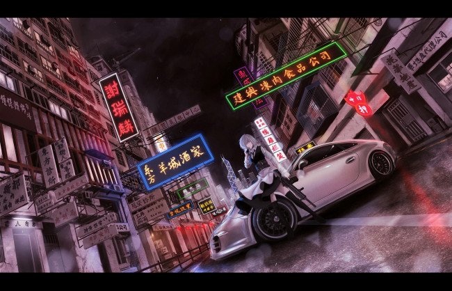 Обои картинки фото аниме, touhou, автомобиль, оружие, девушка