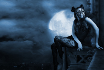Картинка фэнтези фотоарт прическа волосы взгляд маска кошка девушка сетка колготки высота сидит руки луна ночь город облака