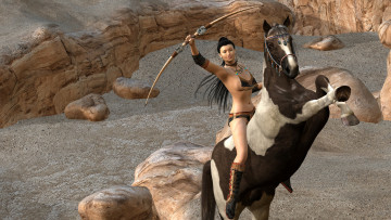 Картинка 3д+графика amazon+ амазонки лук девушка горы лошадь