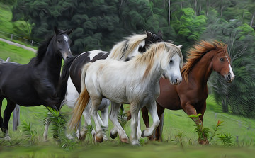 обоя рисованные, животные,  лошади, бег, грива, лошади