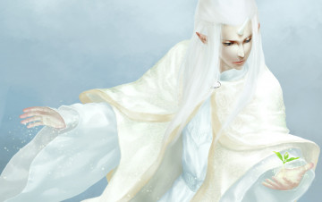 Картинка фэнтези эльфы эльф рог одежды белый парень листик искры магия