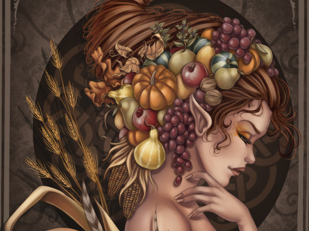 Обои картинки фото фэнтези, эльфы, эльфийка, плоды, виноград, причёска, профиль, кукуруза, тыква, орехи, плодородие, листья, колосья