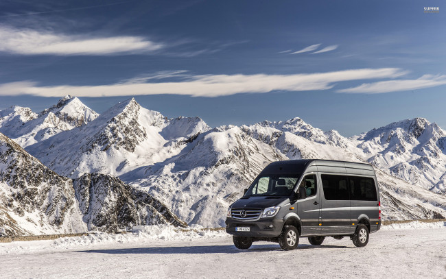 Обои картинки фото автомобили, mercedes-benz, 2014, sprinter, снег, горы