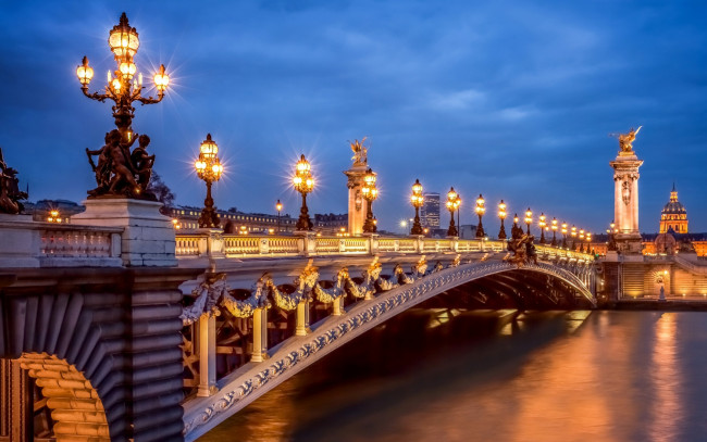 Обои картинки фото города, париж , франция, paris, париж, france, город, вечер, pont, alexandre, iii, мост, александра, фонари, свет, освещение, река, сена