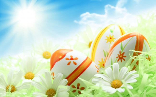 Обои картинки фото праздничные, пасха, небо, ромашки, зелень, солнце, праздник, Яйца