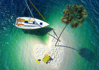 Картинка 3д+графика море+ sea вид сверху яхта пальма островок сердце ласты