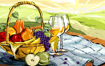 обоя векторная графика, еда, корзинка, виноград, груши, фрукты, яблоки, вектор, пейзаж, натюрморт, рисунок, вино, бокал