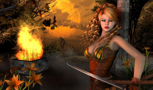 Обои картинки фото 3д графика, фантазия , fantasy, взгляд, девушка, луна, цветы, оружие, фон