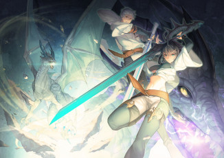Картинка аниме оружие +техника +технологии арт парень дракон меч